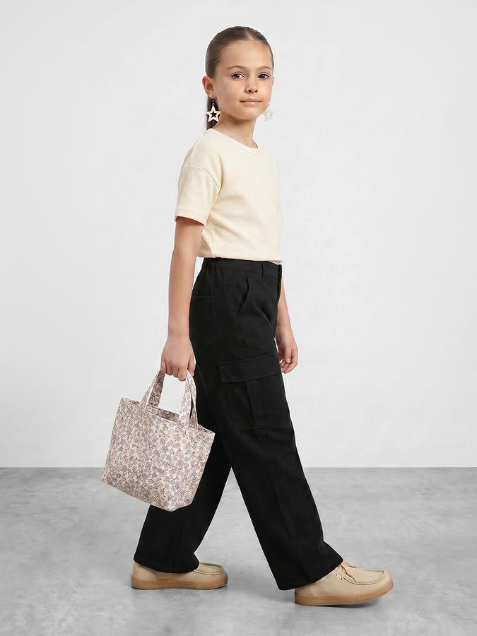 R&B Girls Black Wide Leg Solid Mid-Rise Cotton Trouser