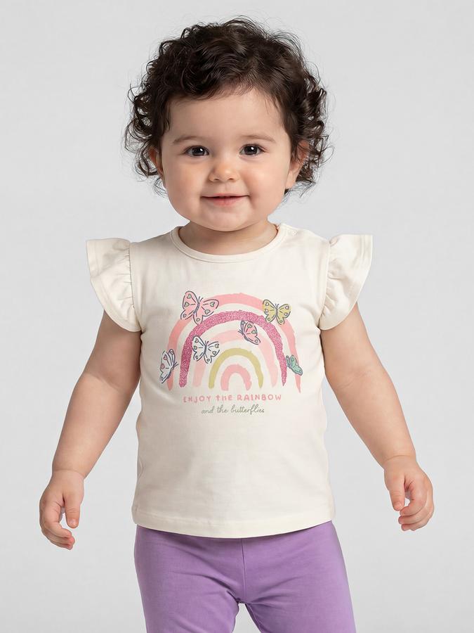 R&B White Graphic Print Girls Round Neck Regular Fit Short Sleeves T-Shirt 