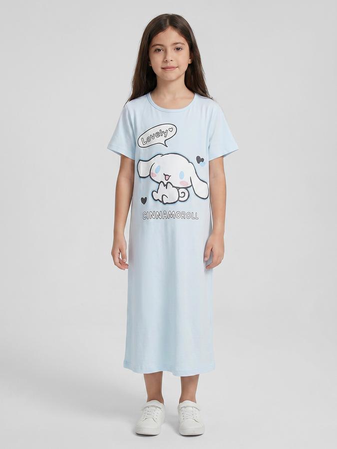 R&B Blue Printed Short Sleeves Round Neck Maxi Girls T-shirt Nightdress