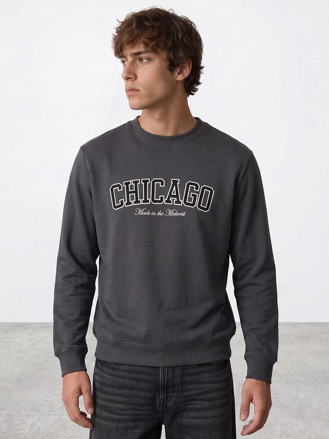 R&B Men Grey Graphic Print Round Neck Long Sleeves Sweatshirt