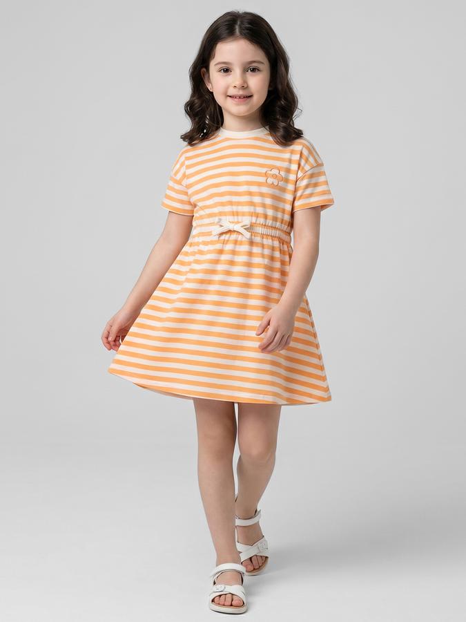 R&B Orange Striped Round Neck Short Sleeves Fit and Flare Mini Girls Dress