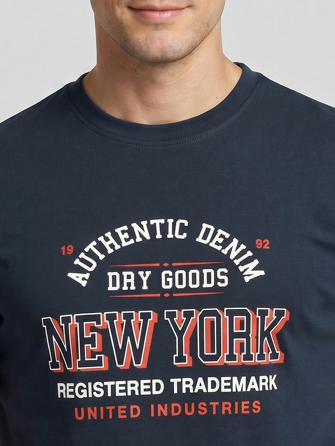 R&B Navy Blue Typography Men Round Neck Regular Fit Short Sleeves T-Shirt 