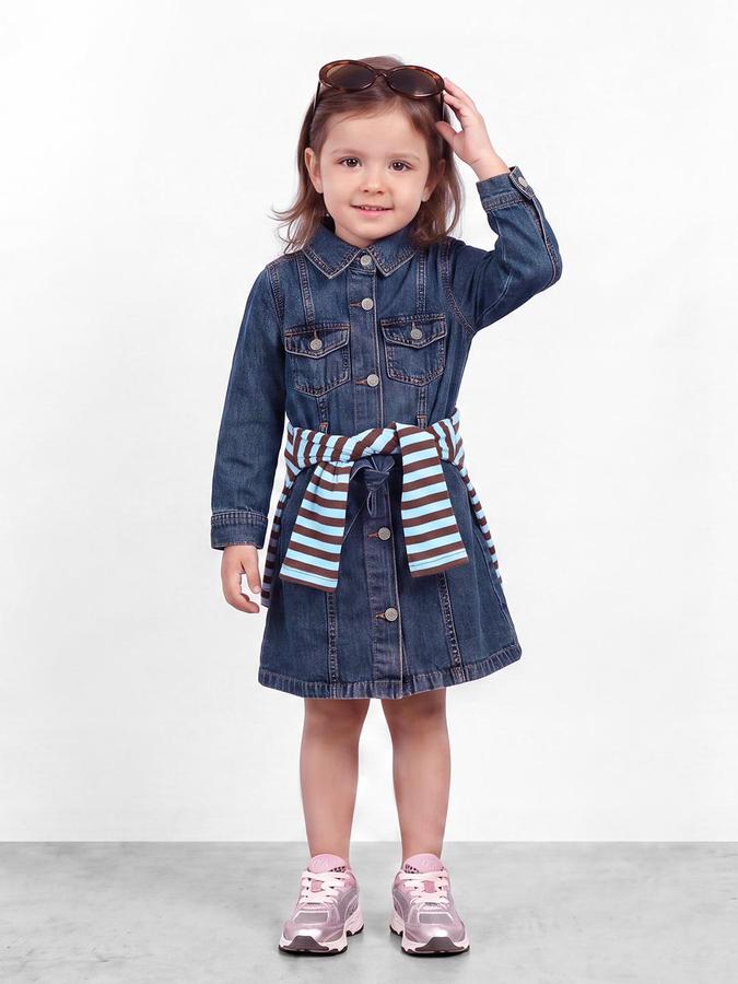R&B Girls Blue Solid Collared Long Sleeves Denim Shirt Dress