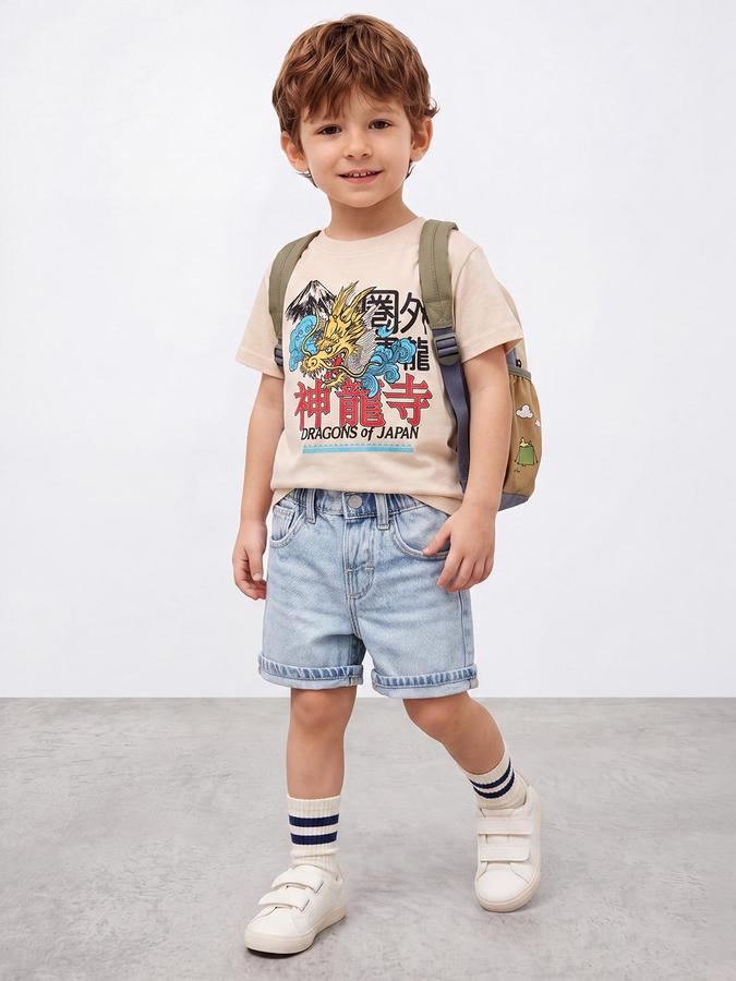R&B Boys Beige Short Sleeve Round Neck Japanese Dragon Print T-Shirt