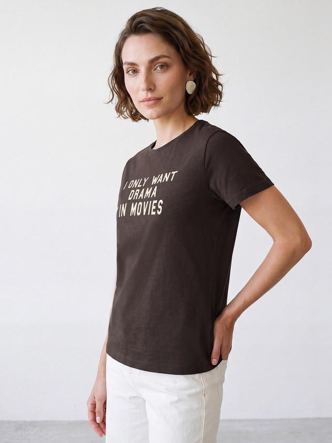 R&B Women Brown Short Sleeve Round Neck Typography Graphic Print T-Shirt