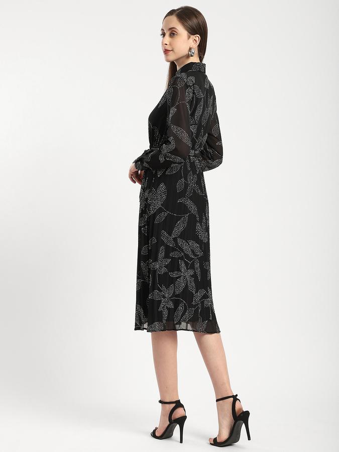R&B Women Black Leaf Print Tiered Shirt Dress