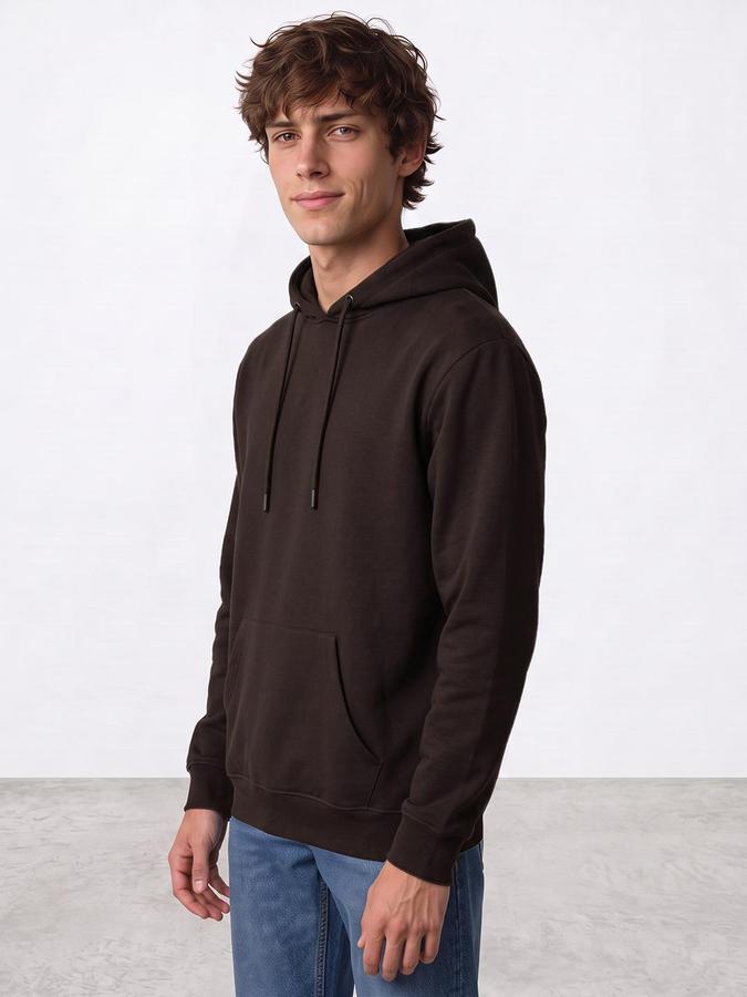 R&B Men Coffee Solid Hooded Long Sleeves Sweatshirt