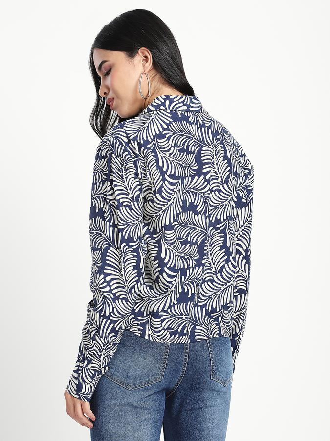 R&B Women Dark Blue Leaf Print Shirt