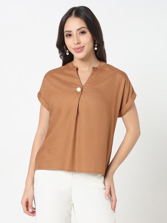 Women Viscose Relaxed Fit Mandarin Collar Solid Top