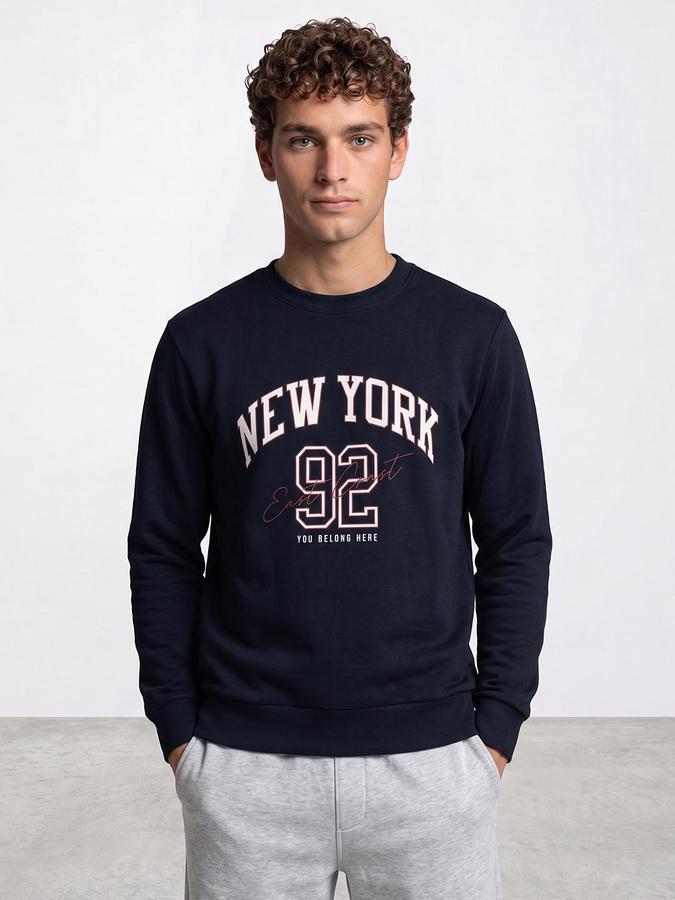 R&B Men Navy Graphic Print Round Neck Long Sleeves Sweatshirt