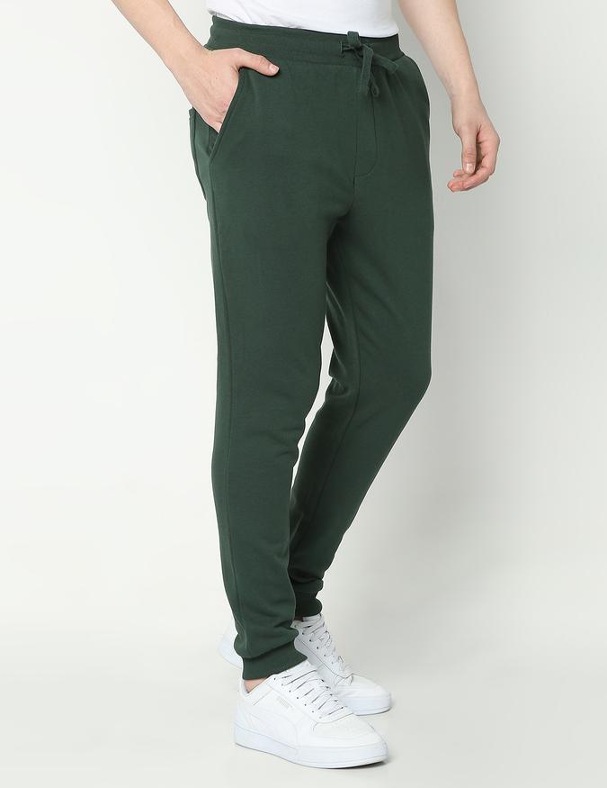 Men Cotton Slim Fit Elastic Waist Elasticated Cuff Solid Trousers