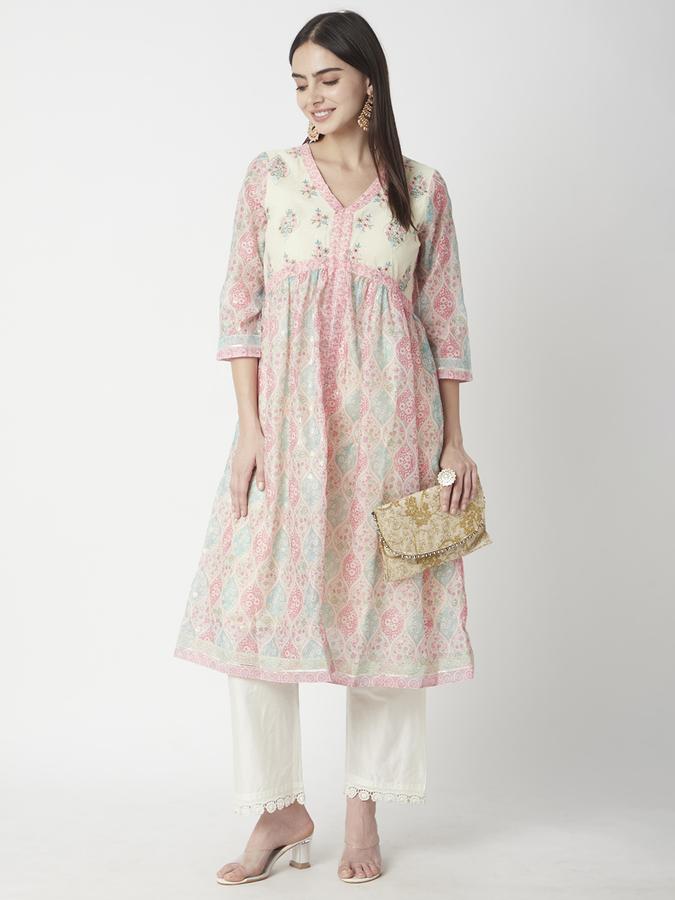 Women Polyester Regular Fit V Neck Embroidered Kurta