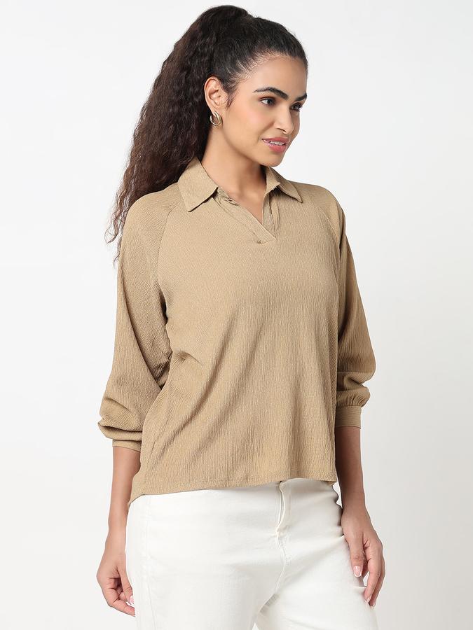 Women Polyester Relaxed Fit Shirt Collar Textured Top