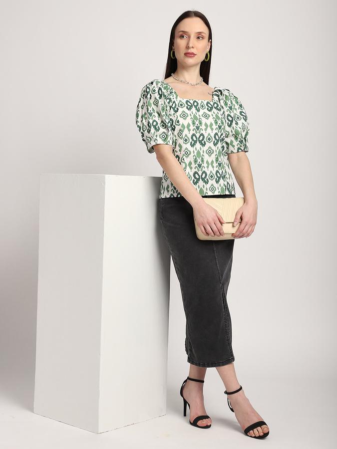 R&B Women Green Ikat Print Puff-Sleeve Top