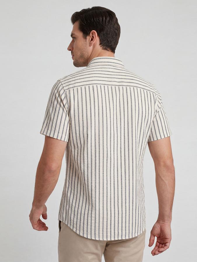 R&B Off White Striped Men Spread Collar Short Sleeves Shirt