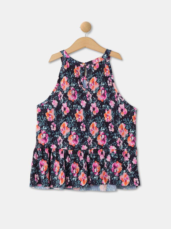 Girls Polyester Regular Fit High Neck Sleeveless Pleated Top