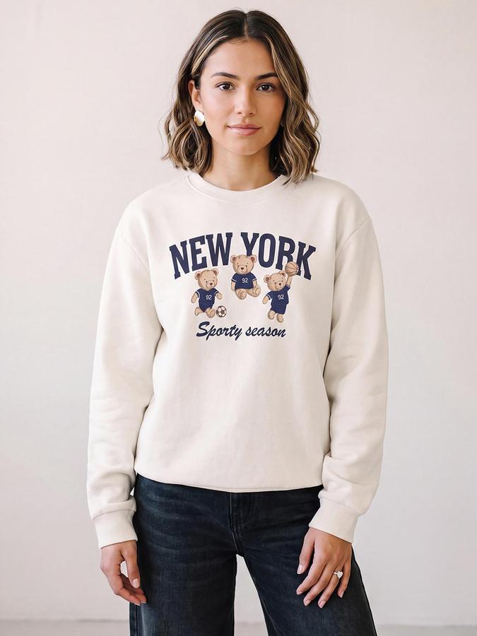 R&B Women Cream Graphic Teddy Print Round Neck Long Sleeves Relaxed Fit Sweatshirt