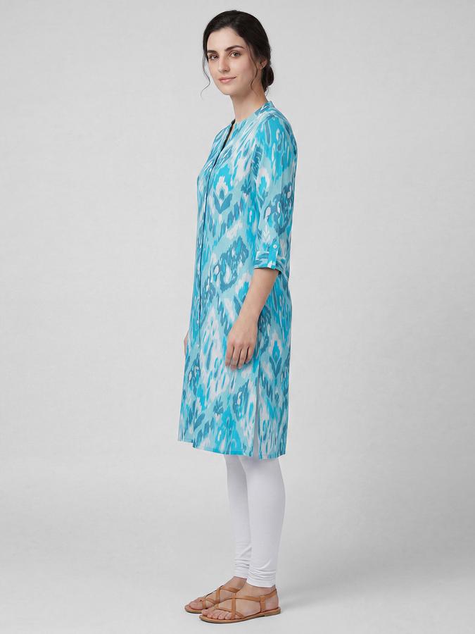 R&B Blue Printed Women Three-Quarter Sleeves Mandarin Collar Kurta