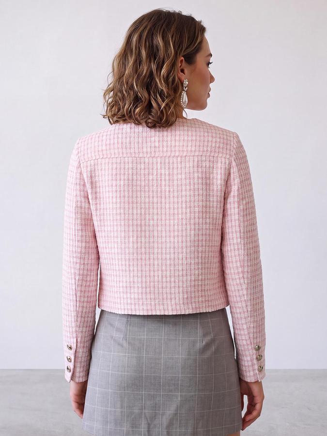 R&B Women Pink Checked Collarless Long Sleeves Tailored Jacket