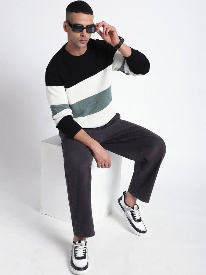 R&B Men Black Round Neck Colourblocked Long Sleeves Sweater