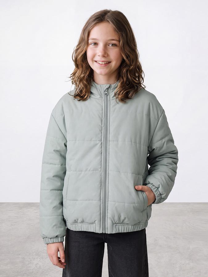 R&B Girls Mint Green Silf Design Hooded & Quilted Long Sleeves Puffer Jacket
