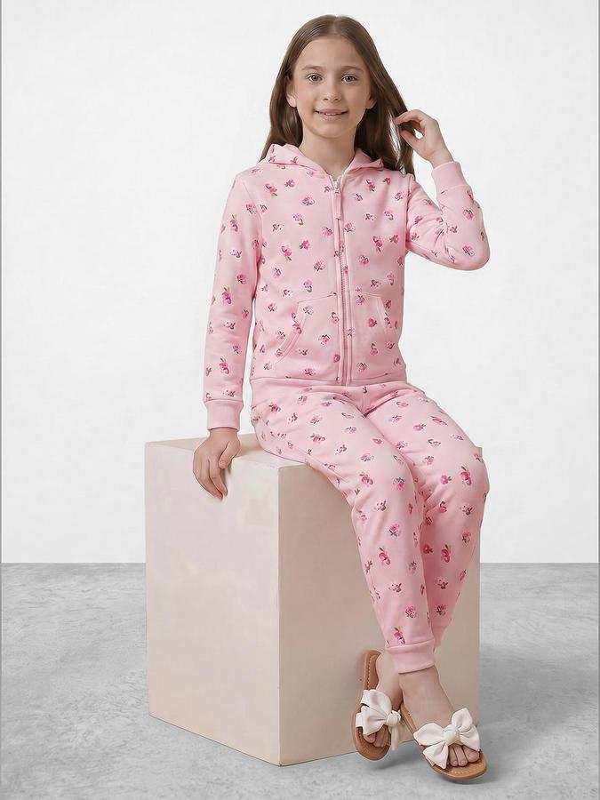 R&B Girls Pink Printed Long Sleeves Hooded Neck Sweatshirt& Joggers Set 