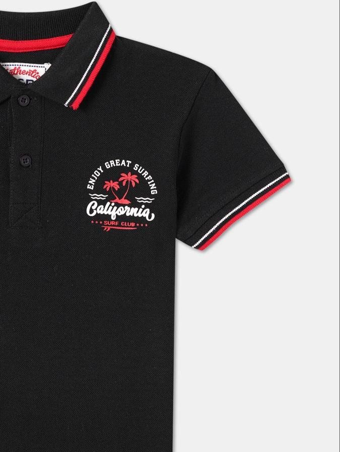 R&B Black Cotton Polo Collar Printed Boy T-Shirt