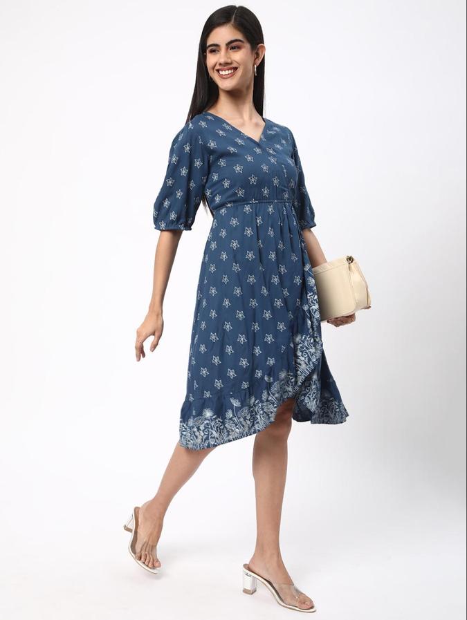 R&B Blue Floral Printed Women Short Sleeves Dress
