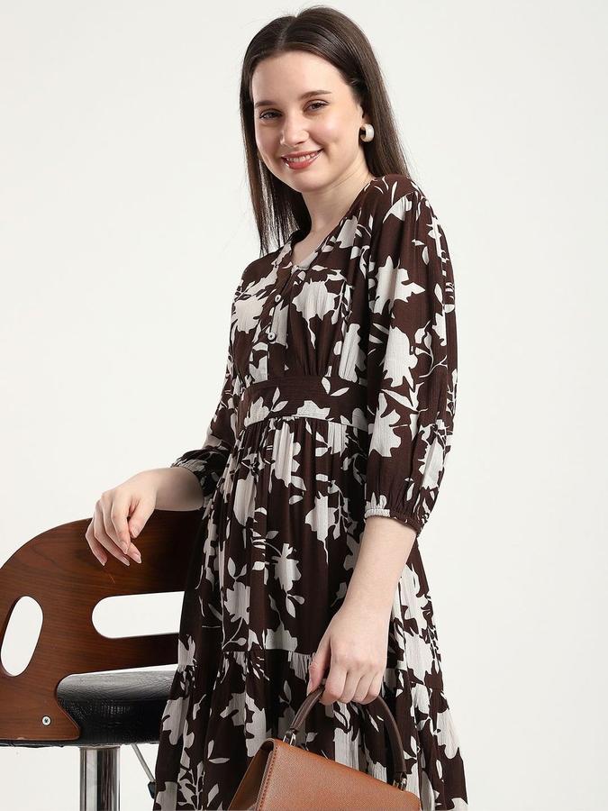 R&B Women Brown Floral Three-Quarter Sleeves V-Neck Mini Fit &amp; Flare Dress