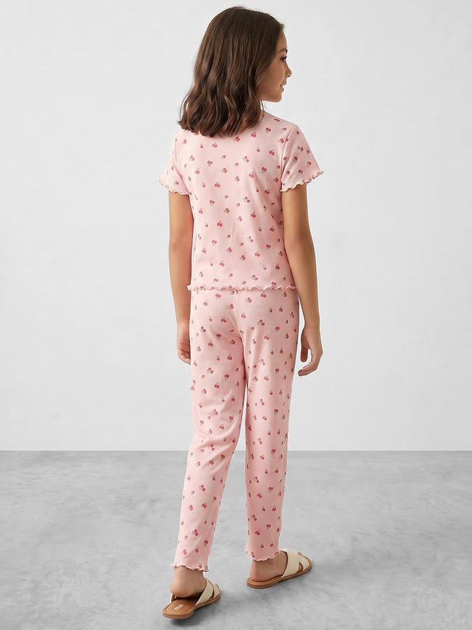 R&B Girls Pink Printed Round Neck Short Sleeves Pure Cotton Shirt &amp; Pyjamas Set