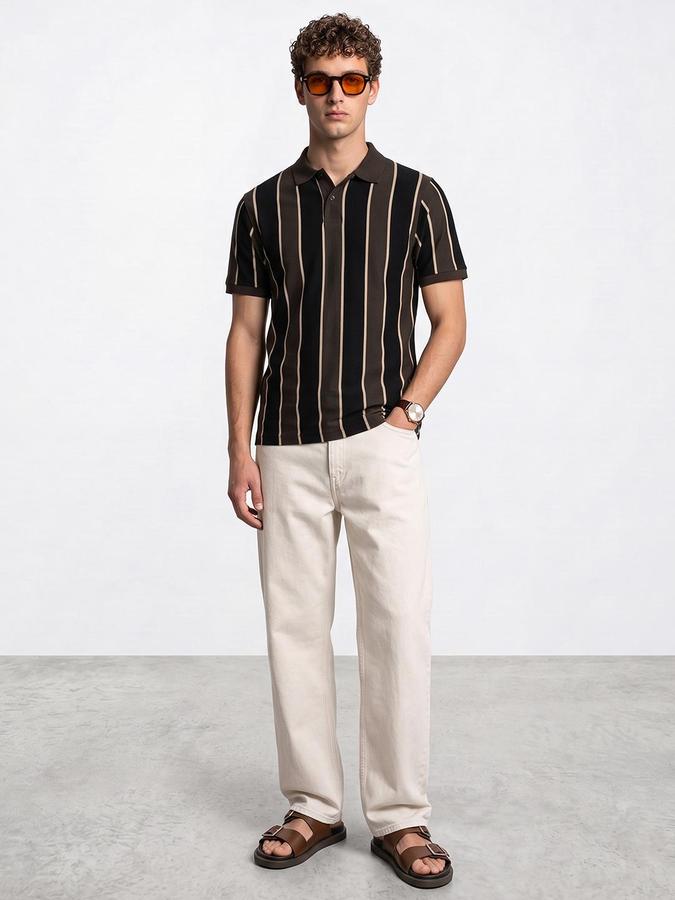 R&B Men Brown Striped Short Sleeves Polo Collar Pure Cotton T-Shirt