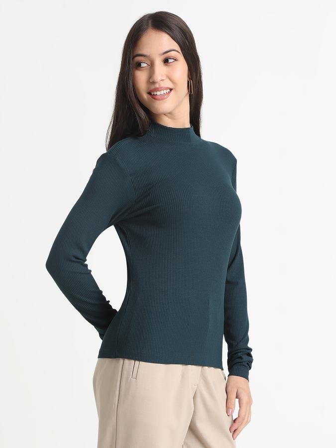 R&B Women Teal Solid Ribbed Top