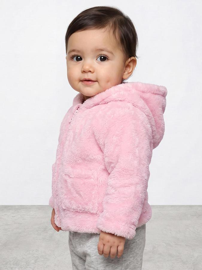 R&B Girls Pink Solid Hooded Long Sleeves Fur Jacket