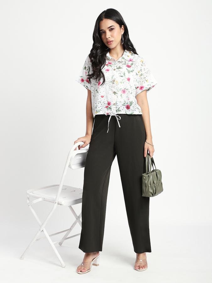 R&B Women Ivory Floral Print Drawstring-Hem Top