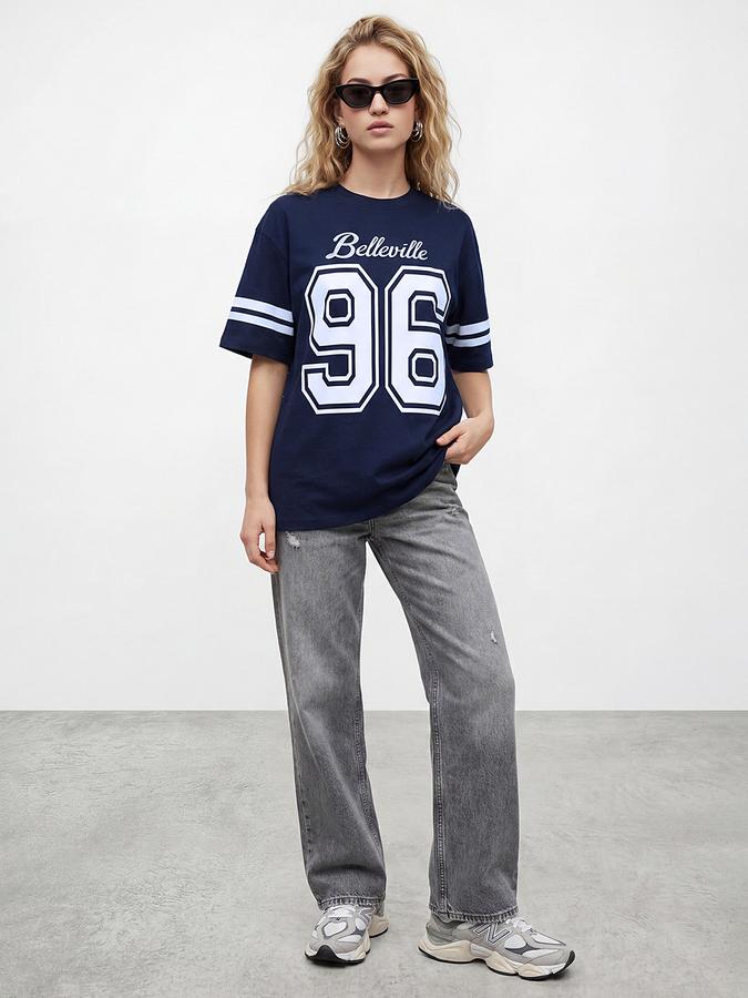 R&B Navy Blue Solid Women Short Sleeves Top