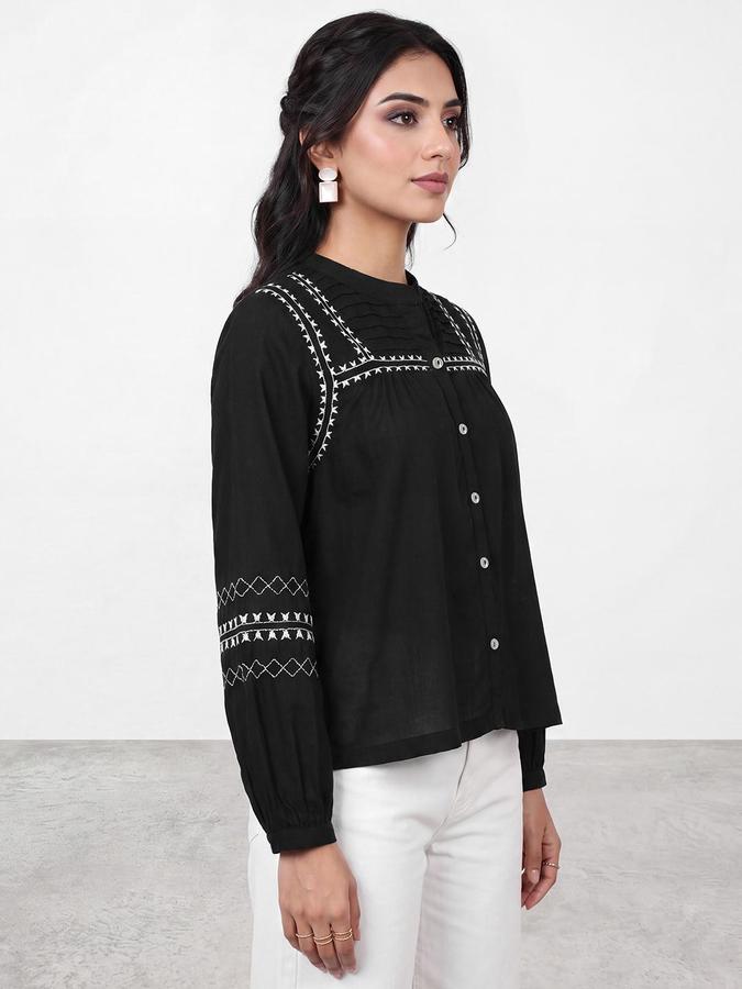 R&B Womens Black Mandarin Collar Long Sleeves Embroidered Top