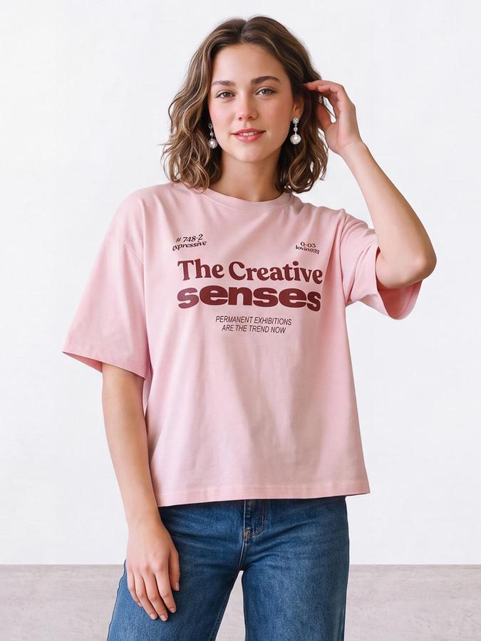 R&B Women Baby Pink Typography Pure Cotton Round Neck Short Sleeves T-Shirt
