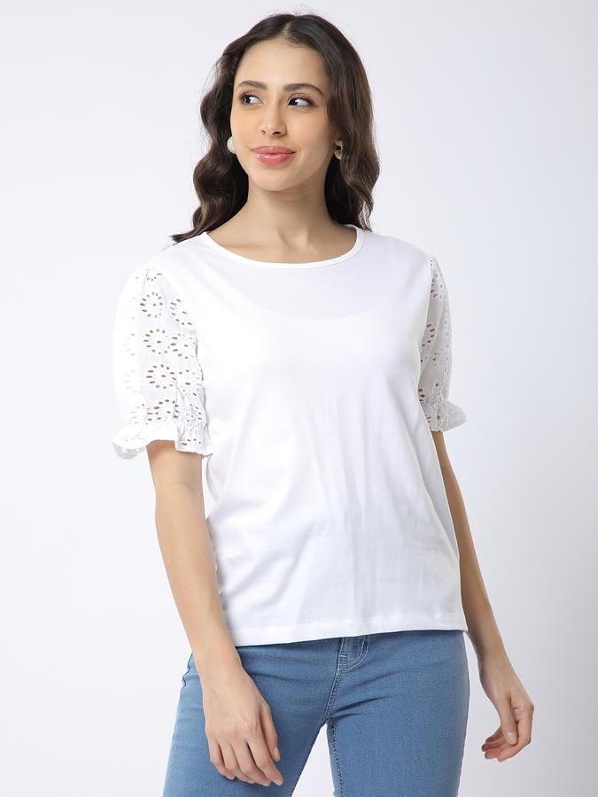 R&B Women White Solid Eyelet-Sleeve Top