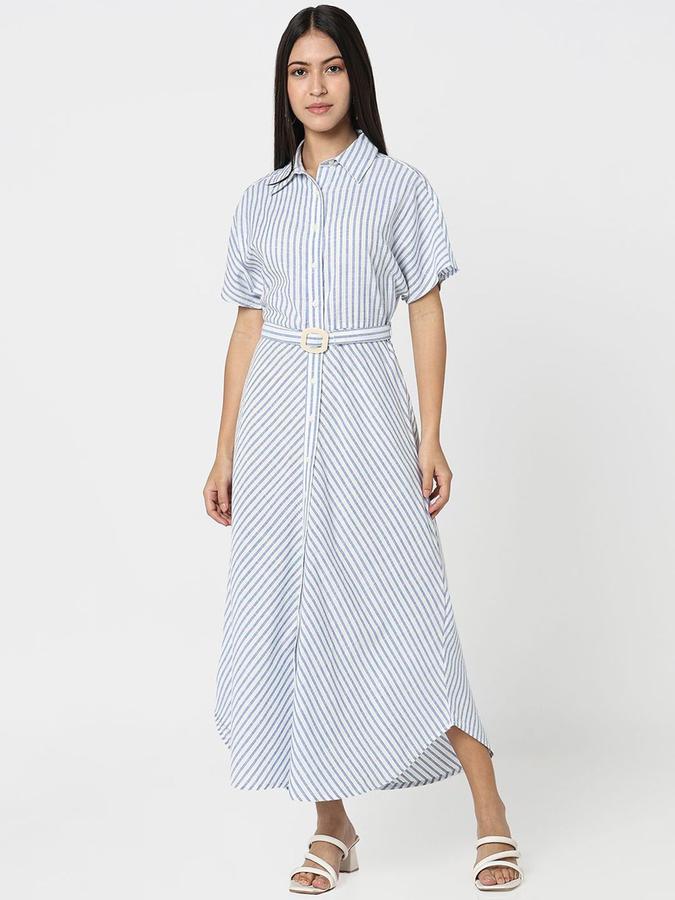 R&B Women Blue Striped Half Sleeves Shirt Collar Maxi Shirt Dress
