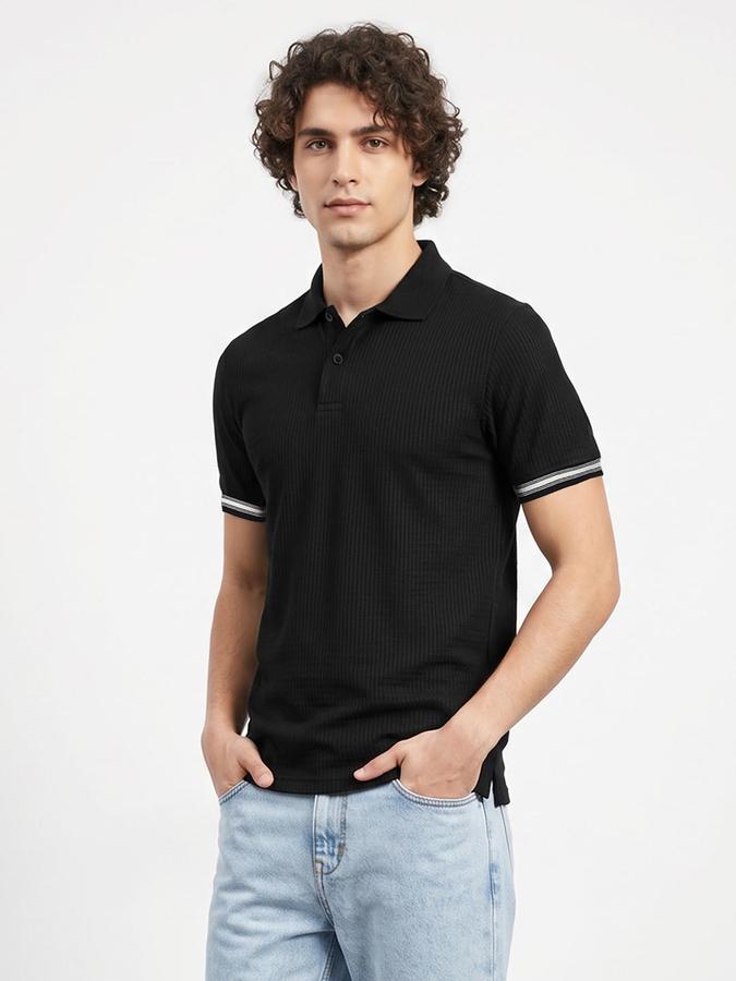R&B Men Black Ribbed Short Sleeves Polo Tshirt