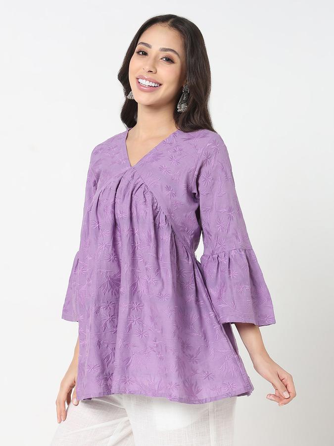 Women's schiffli gathered lavender v- neck tunic with flared sleeves image number 2