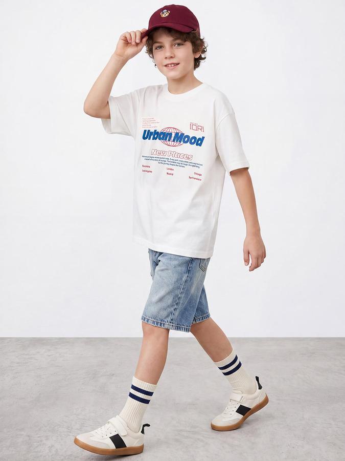 R&B Boys Ivory Short Sleeve Round Neck Typography Graphic Print T-Shirt