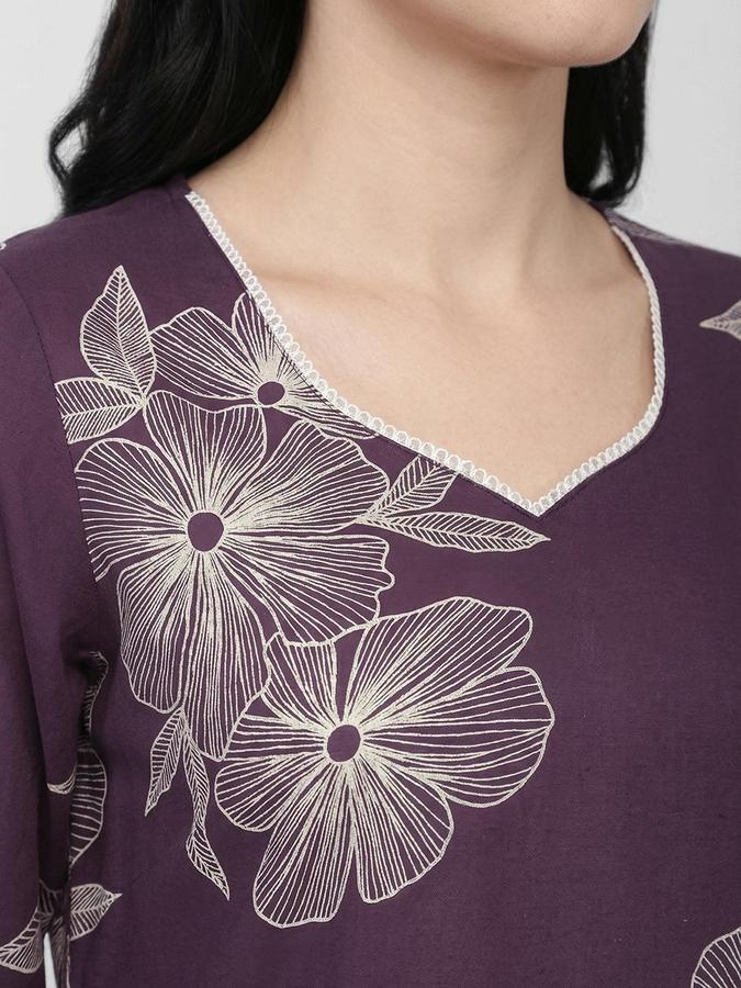 R&B Women Purple Floral Print V-Neck Knee Length Pure Cotton Ethnic Kurta