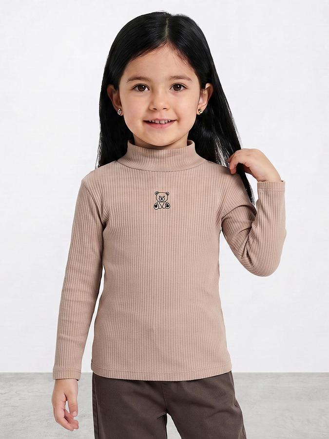 R&B Girls Beige Textured Long Sleeves High Neck Ribbed T-Shirt