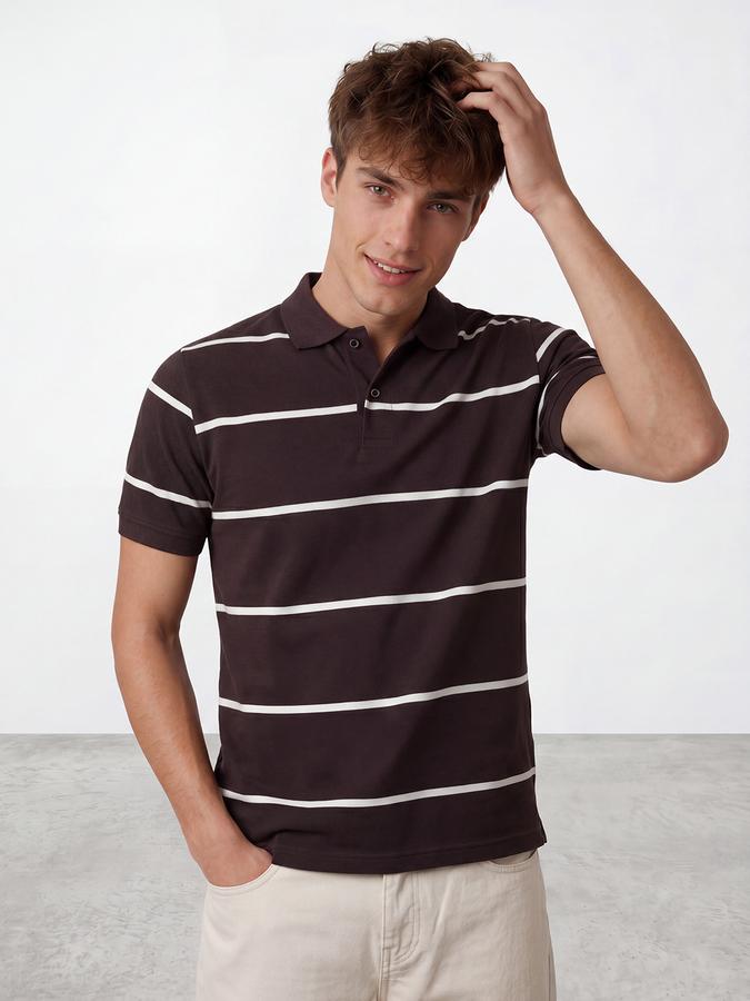 R&B Men's Brown Short sleeve Polo Neck Striped Pure Cotton T-Shirt
