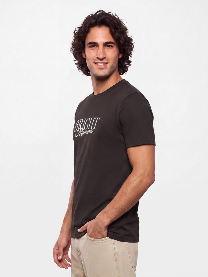 R&B Men Coffee Brown Typographic Print Short Sleeves Pure Cotton Tshirt