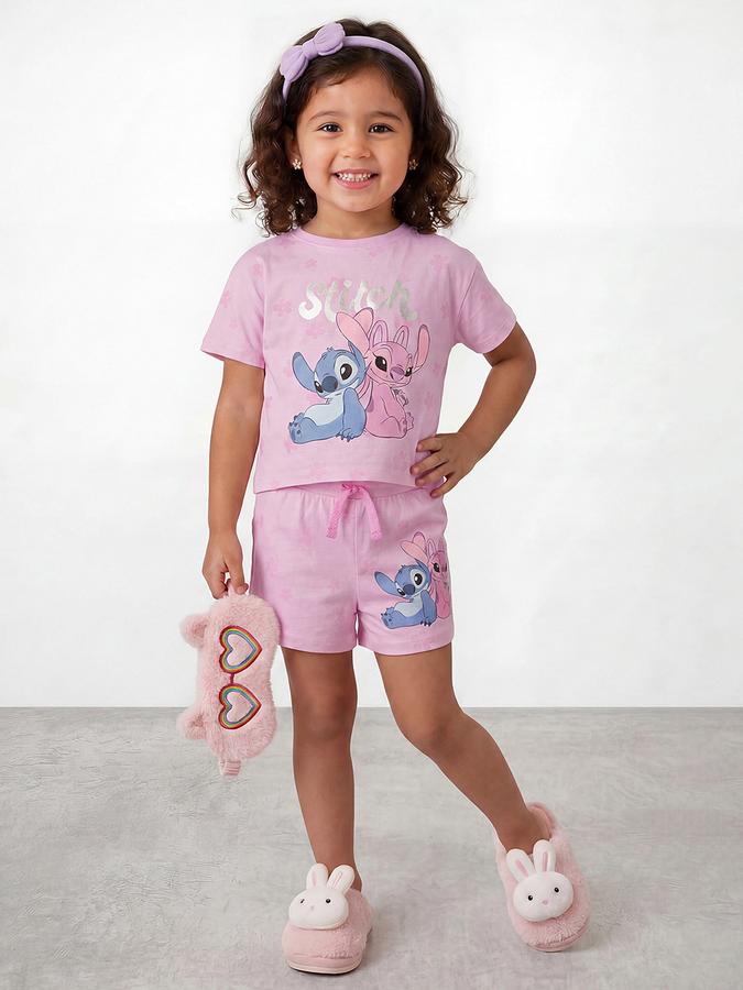 R&B Girls Pink Stitch Print Short Sleeves Pure Cotton T-shirt &amp; Shorts Set