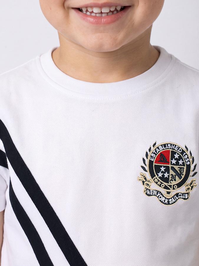 R&B Boys Beige Round Neck Varsity Club Collegiate Badge Diagonal Stripe Pure Cotton T-Shirt