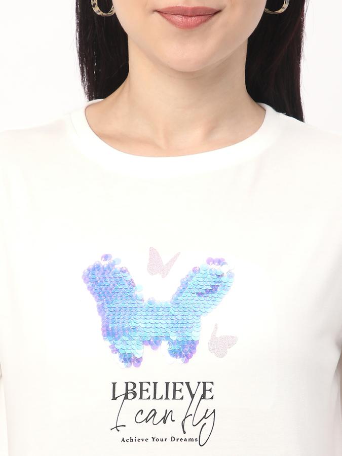 Women Cotton Regular Fit Crew Neck Embellished T-shirt