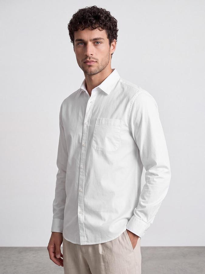 R&B Men White Solid Spread Collar Long Sleeves Shirt